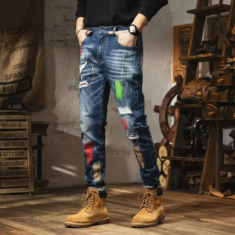 Fashion Straight Light Jeans Personality Brushed Ripped Graffiti MenS High Waist Slim Men Baggy Harem Trousers 250614