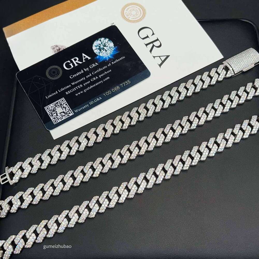 12 mm Hip Hop Rapper Jewelry 2 Rows Iced Out High Quality Miami Cuban Link Chain Vvs Moissanite Sier for Men Necklace