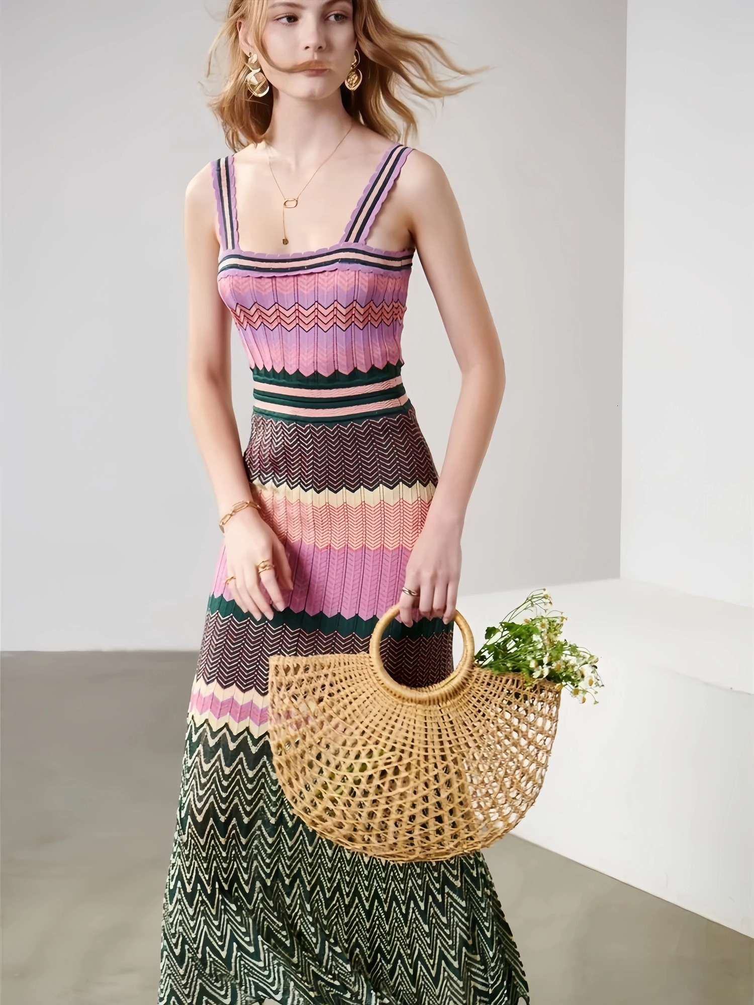 y Arab Women Strap Tank Long Zigzag Casual Vacation Fancy Boho Maxi Dress Elegant Vintage Sundress Female Holiday Clothing 250611