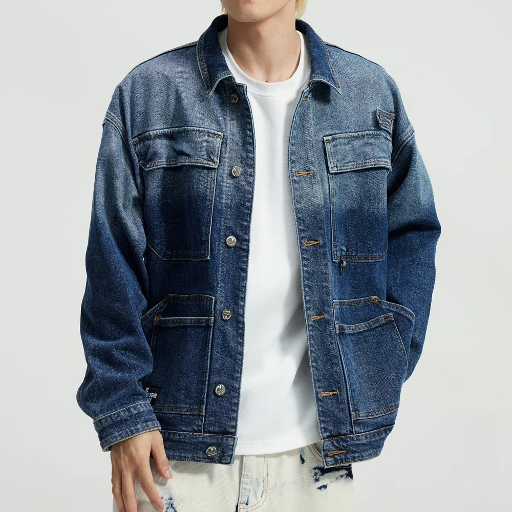 American Vintage Gradient Color Denim Jacket Mens Clothing High Quality Cargo Spring Autumn Streetwear Loose Coat Male 250614