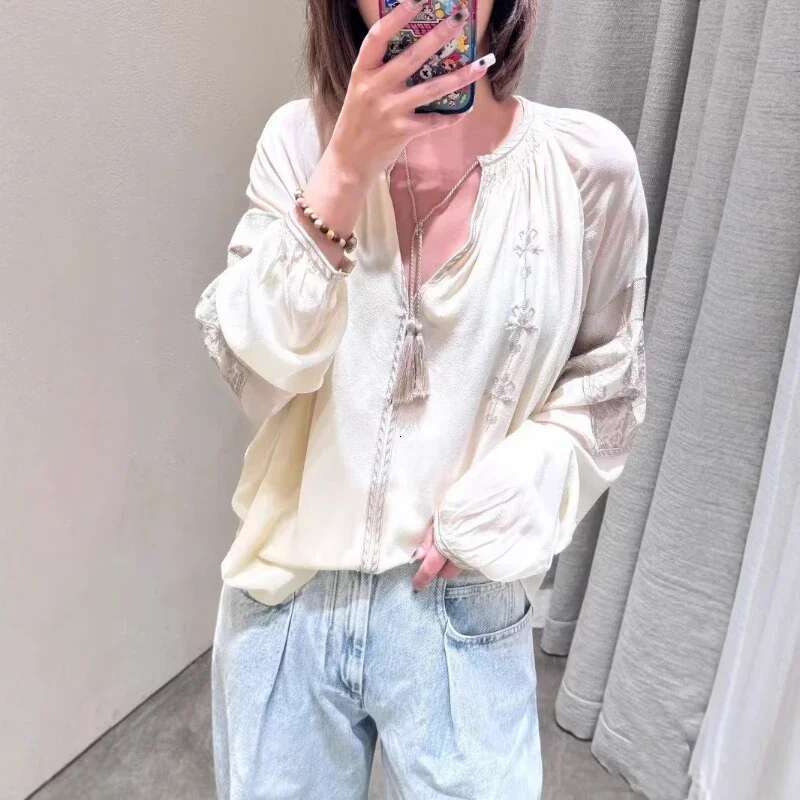 Women 2025 Spring Summer New Vintage Ethnic Embroidery Deep V Tassel Lace-Up Light And Loose Casual Shirt