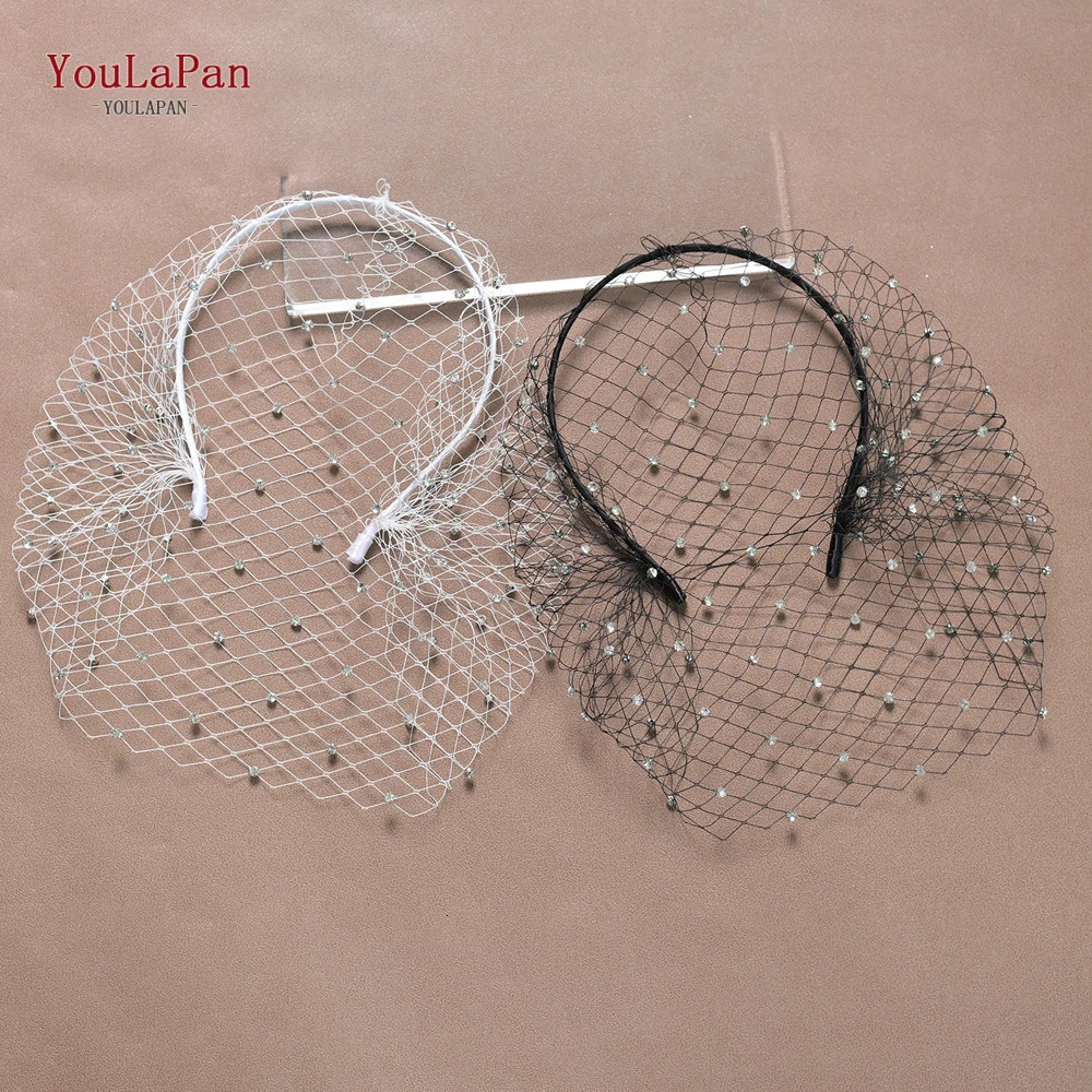 YouLaPan VA06-I White Headband Veil for Bridal Crystal Birdcage Black Face Net Mask Short Veil Fascinator Elegant Charming Veil 250603