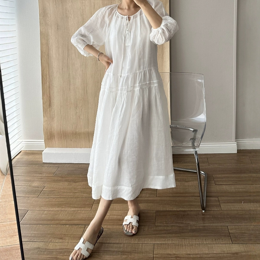 XR244 South France White Moonlight Holiday V-neck Dress Ramie Elegant Long Dress