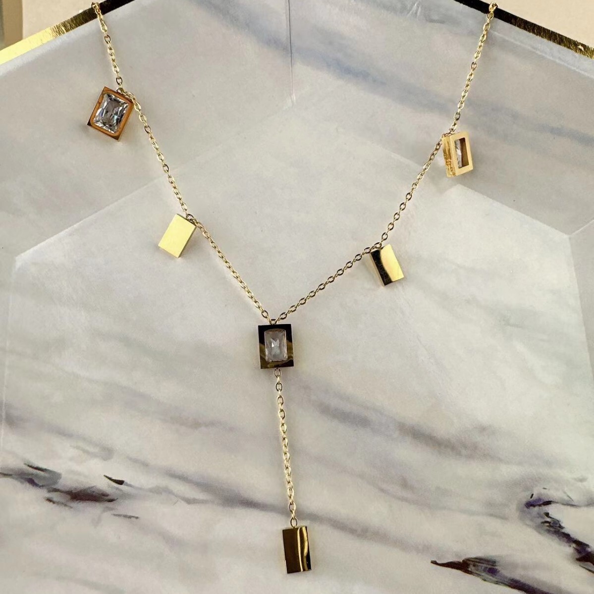 Fashion Light Style Personality Dia-Encrusted Rectangular Tassel Necklace for Women Niche Titanium Steel Non-Fading Jewelry