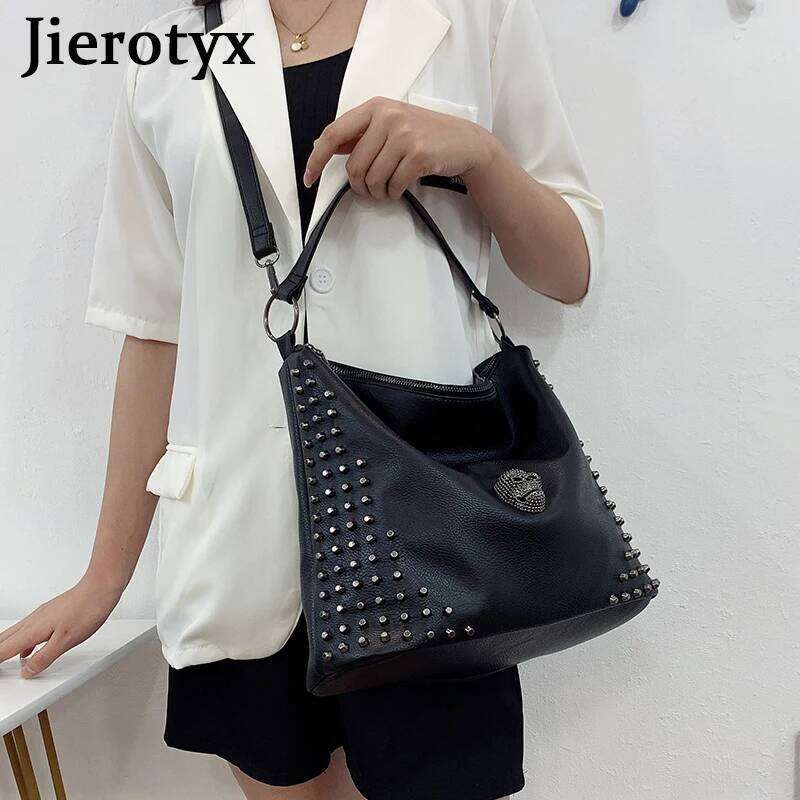 JIEROTYX Punk Skull Women Shoulder Bags Large Capacity Fashion Rivet Ladies Handbag Black Leather PU Tote Cossbody Great Quality