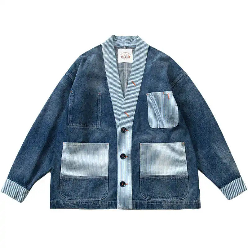 22AW Japanese Striped Patchwork Washed Denim Jacket for Men High Quality Coat 250614