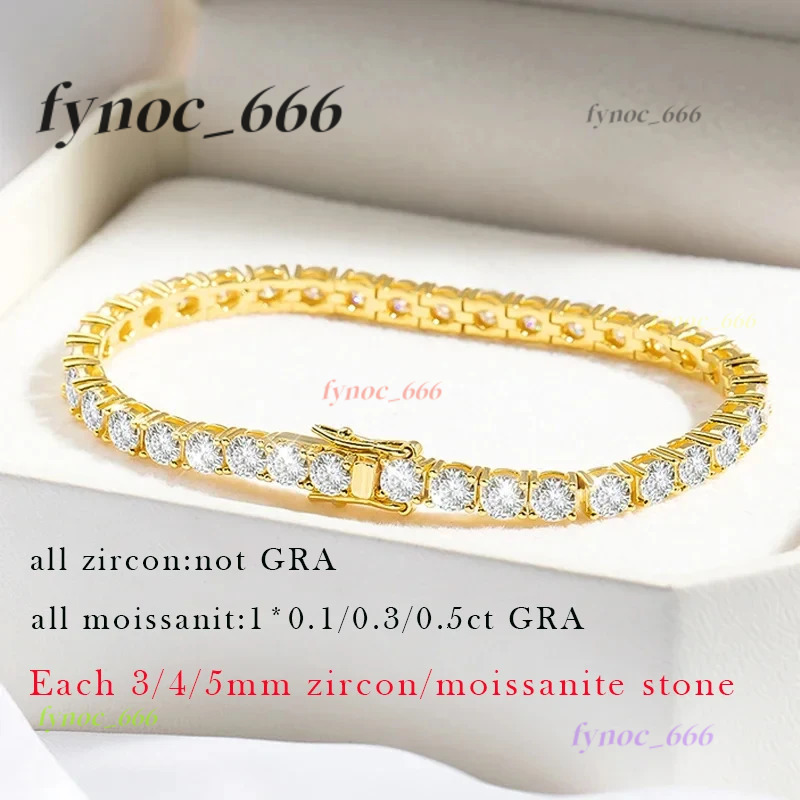 2015 New 18k Gold Plated Moissanite Tennis Bracelet for Women 3/4/5mm Classic S925 Sterling Silver Certified Bracelet for Men GRA