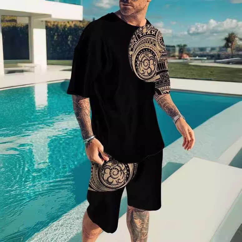 New 3D Suit Street Casual Men's Shorts Crew Neck Short Sleeve T-Shirt