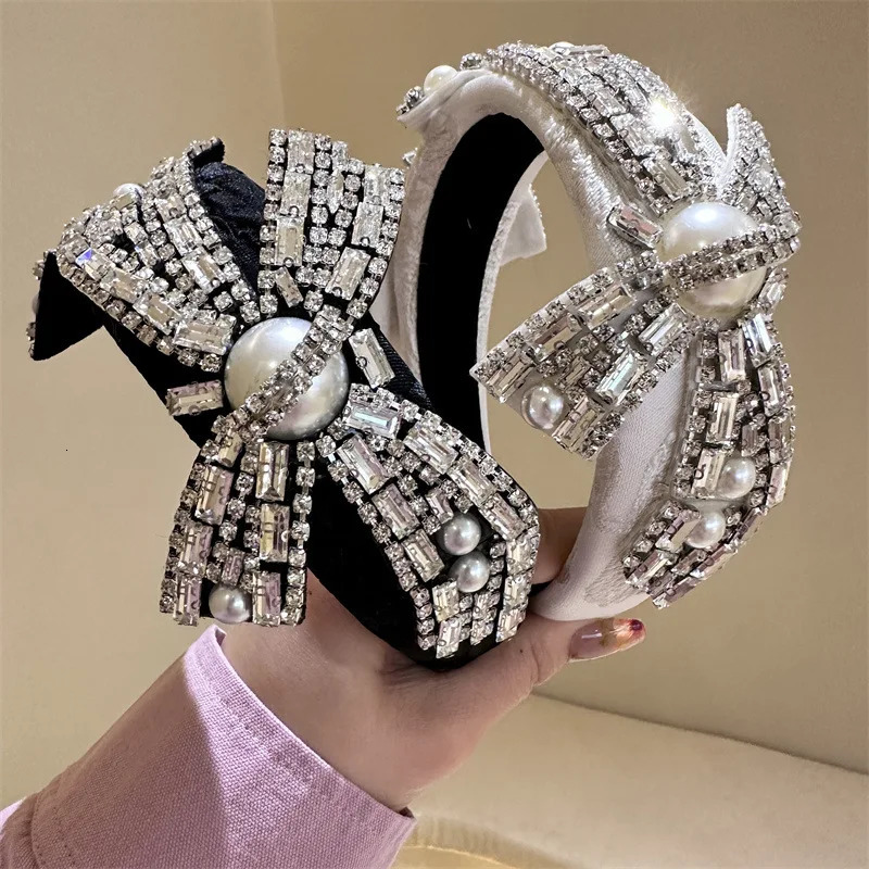 Korean Baroque Full Diamond Bow Hair Band Headband High-end Western Style Retro Heavy Pearl Gem Diamond Chain Hair Accessories 250610
