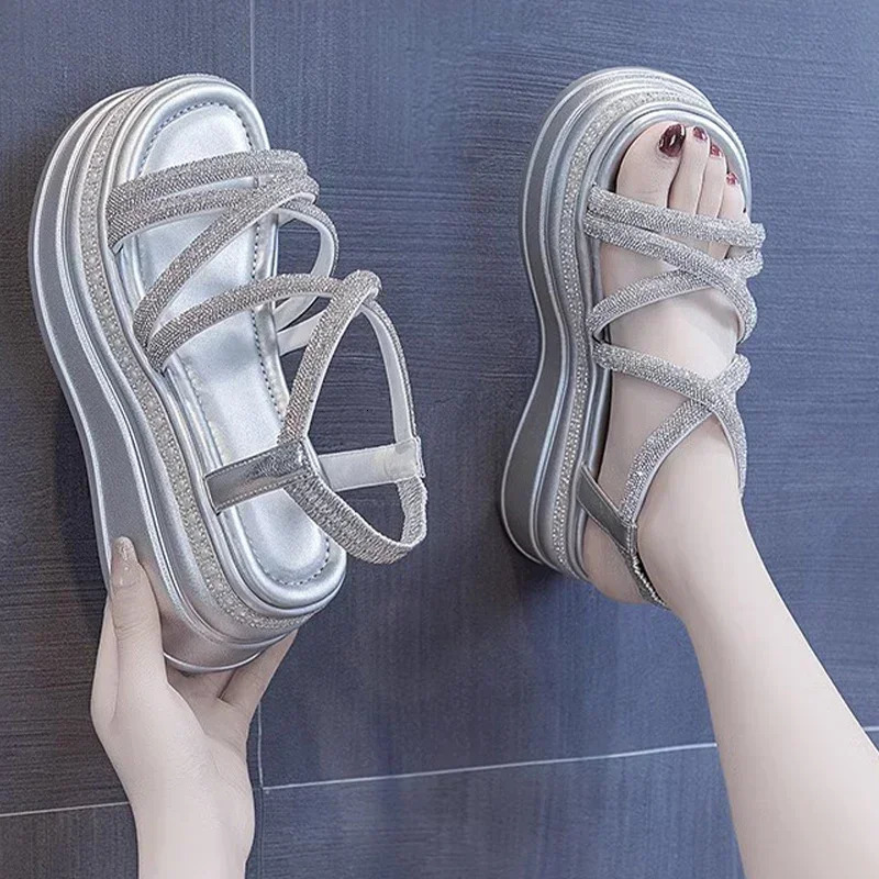 Open Toe Crystal Sandals Women Summer Platform Shoes High Heels 2025 Casual Shoes Student Dress Beach Slippers Mujer Zapatos 250610