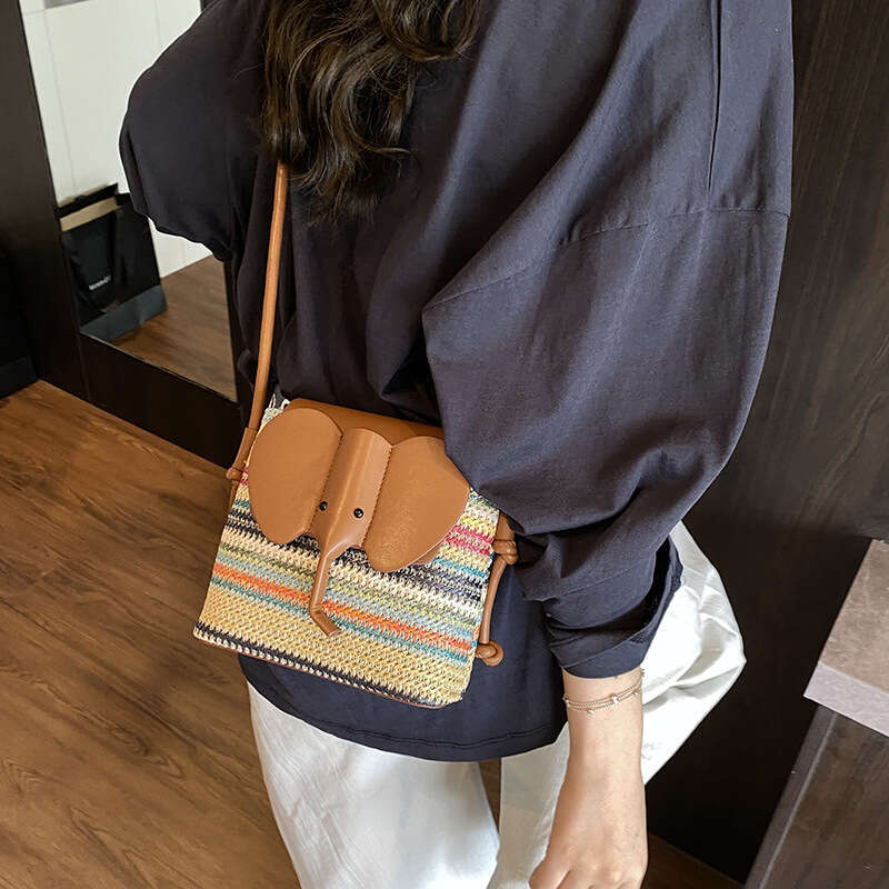 Summer New Bucket for Women Rainbow Elephant Woven Commuter Shoulder Crossbody Small Bag