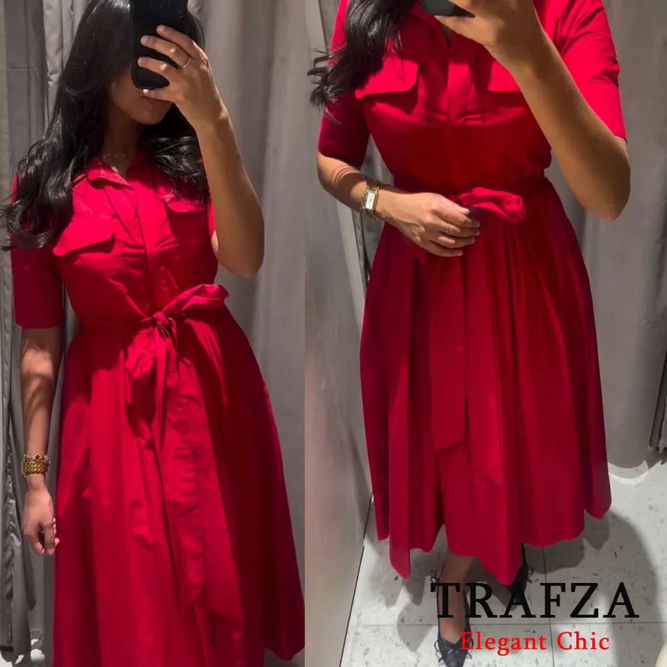 TRAFZA Women Romantic Red Belted Dress Lapel Pocket Long Spring Summer High Street Elegant Casual Holidays Dress 250611