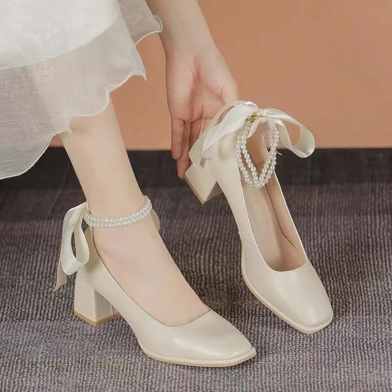 er Ladies High Heels Elegant Bow Square Toe Black High Heels Fashion Thick Heel Wedding Party Pearl Lace Wedding Shoes 250614