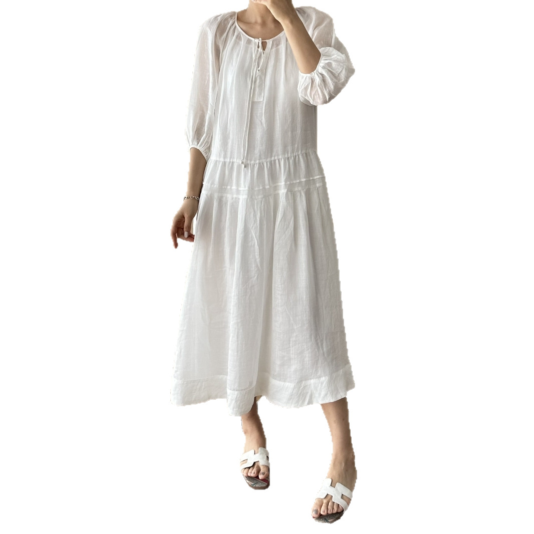 XR244 South France White Moonlight Holiday V-neck Dress Ramie Elegant Long Dress