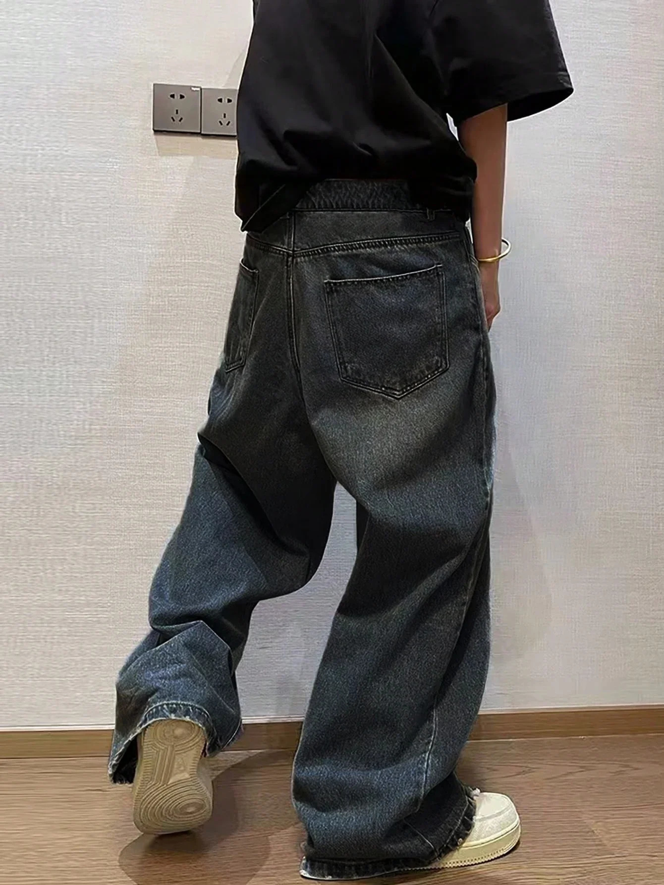 Pop 1Pc Mens Wide Pants Brushed Jeans Y2K Rocks Buggy Black HipHop Pants 250614