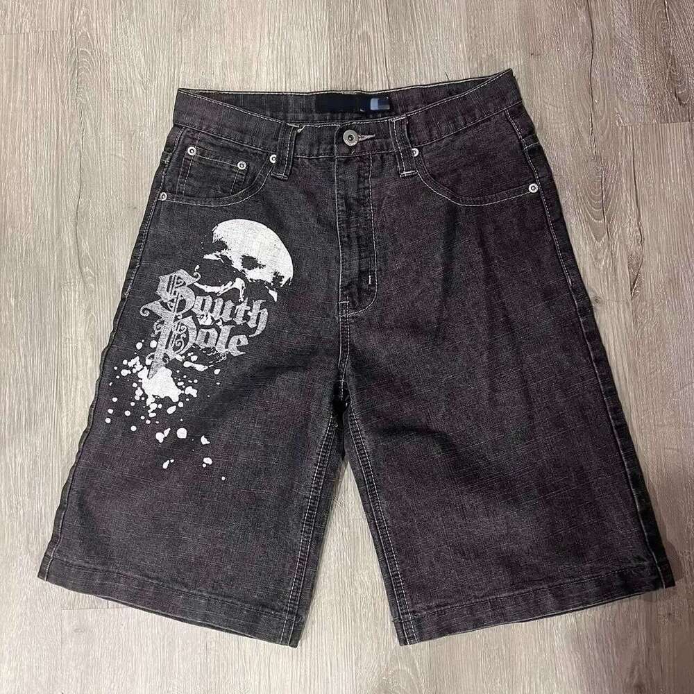 American Skull Embroidery Loose Beach Summer Street Fashion Y2K Denim Shorts Harajuku