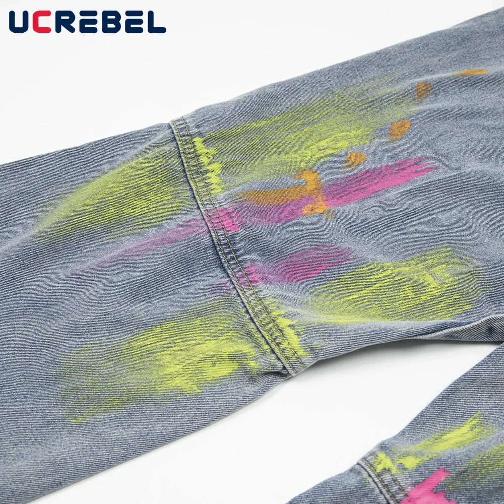 Painted Spliced Denim Pants Mens Summer High Street Loose Washed Distressed Jeans Men Trousers 250614