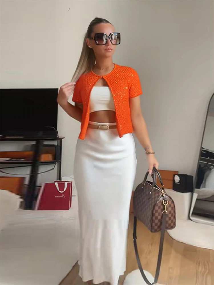 Knit Sequined Vest Sweater For Women Short Sleeve Oneck Cardigan Sleeveelss Top 2025 Summer Fashion Elegant Lady Solid Knitwear 250613