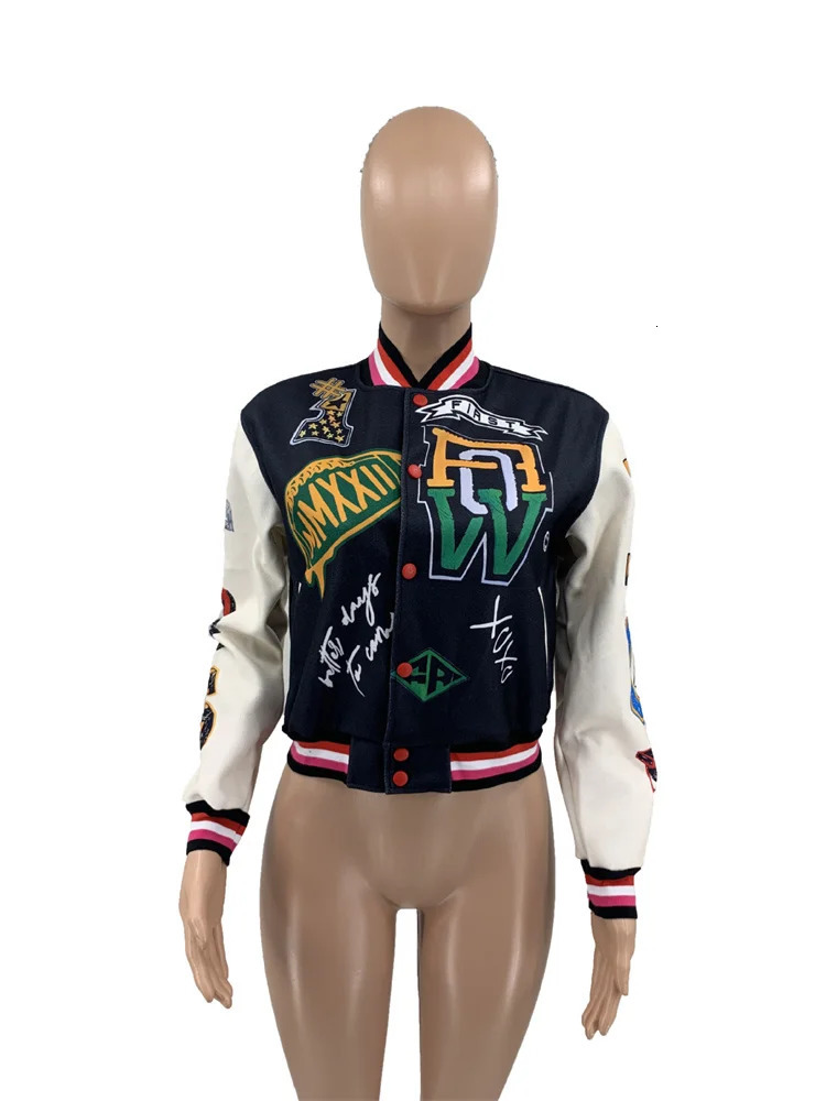 Black Fashion Fall Jackets For Women Buttons Crop Top Jackets Coats Patchwork Varsity Bomber Jackets Streetwear 250614