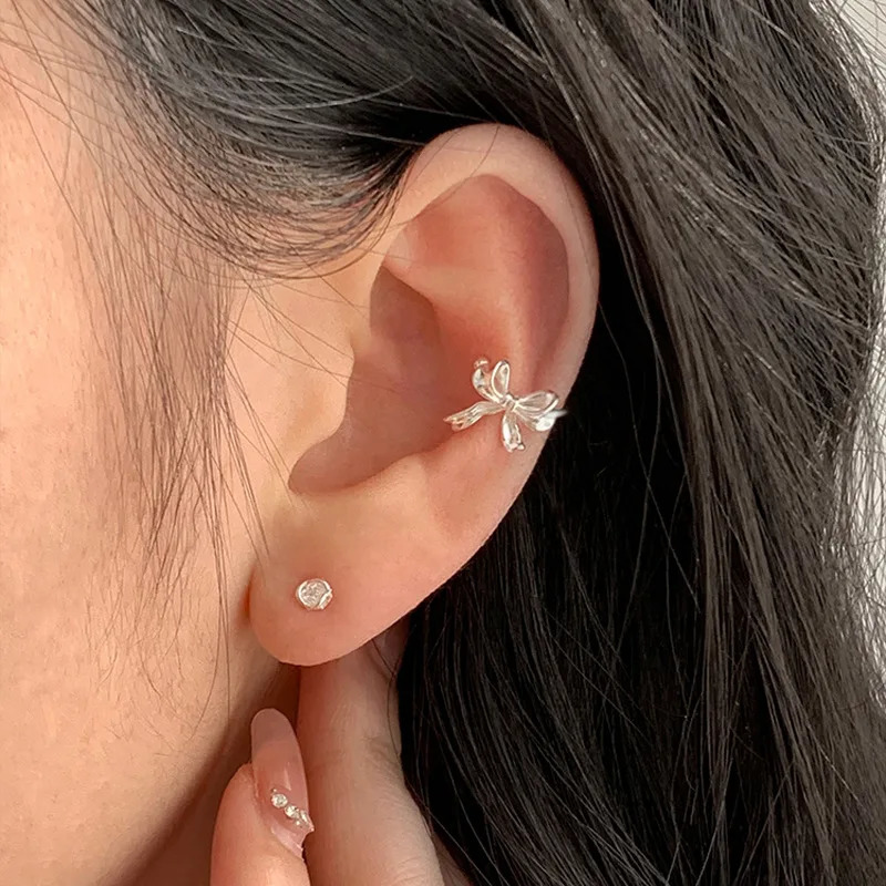 1PC Trendy Pearl Bow Zircon Ear Cuff Non-Piercing Cartilage Clip Earrings For Women Simple Jewelry 250610