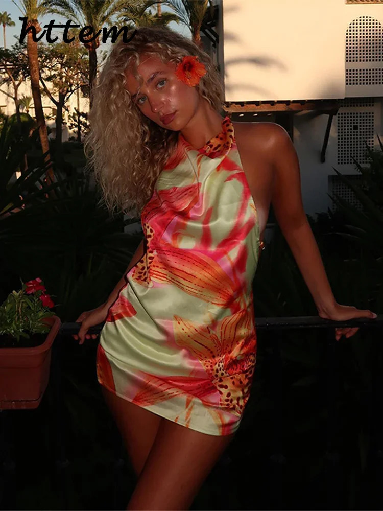Sexy Print 3d Flower Satin Short Dress Women Halter Off Shoulder Backless Beach Dresses Summer Lady Chic Holiday Robes 250612