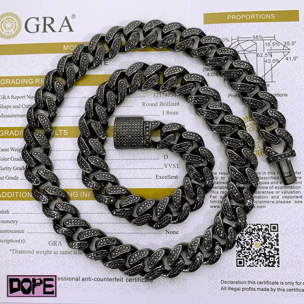 Iced Out 10mm Wholesale Cuban Link Chain VVS Moissanite 925 Sterling Silver Black Moissanite Cuban Chain