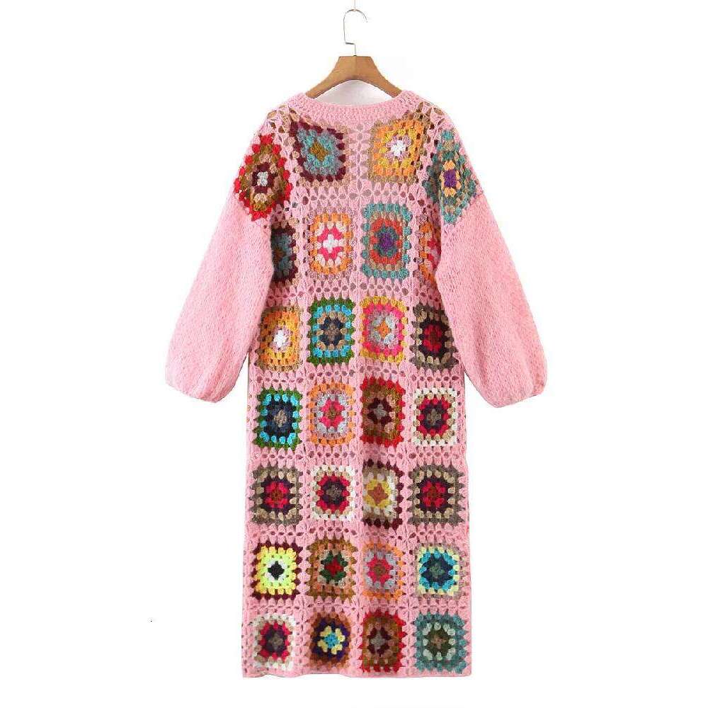 2022 BOHO Colored Plaid Flower Hand Crochet Cardigan Woman O neck Open ing Long Sweater Knitwear Holiday Jumper Gray