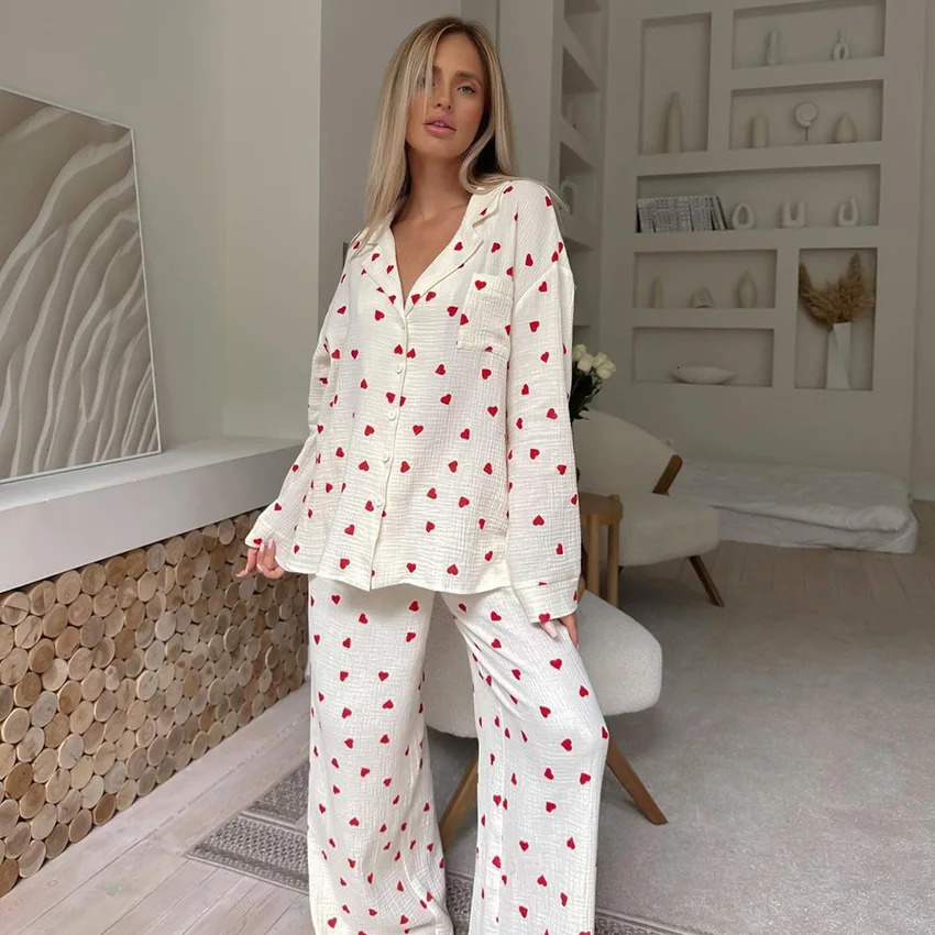 Summer Love Heart Print Pajama 100% Cotton Long Sleeve Set 2Pcs Outfit Lapel Sleepwear Button Down Womens Pajamas Nightwear 250611