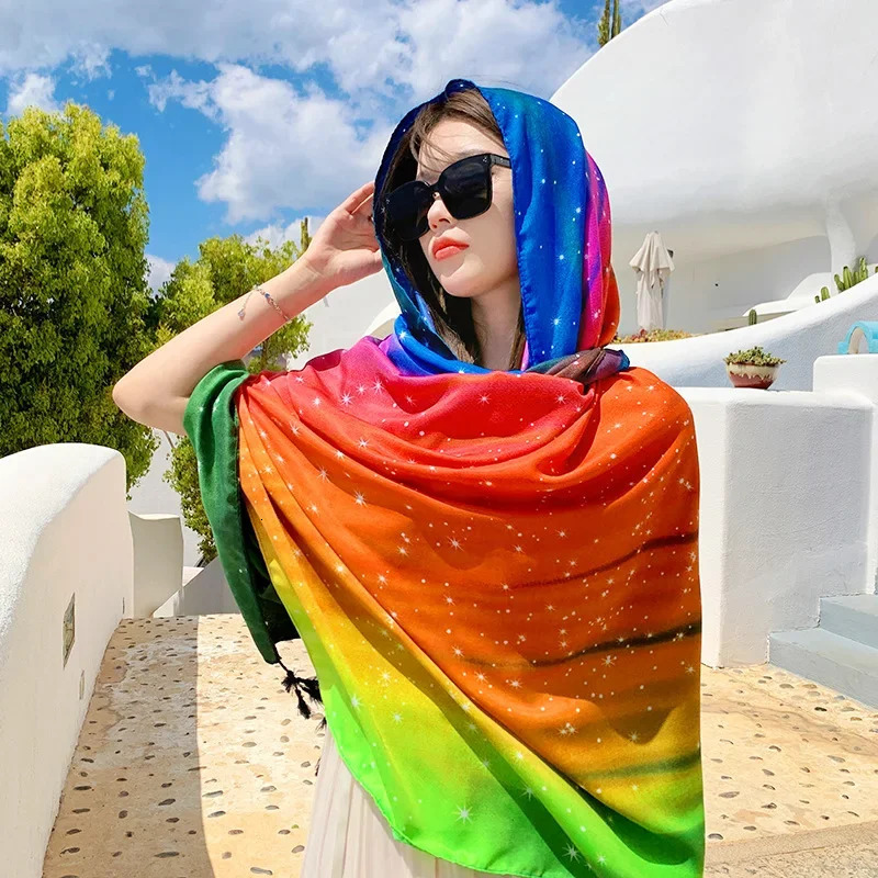 Summer Vintage Ethnic Scarf UV Protection Beach Wrap Travel Shawl Colorful Stars Lightweight Breathable Small Shawl 250610