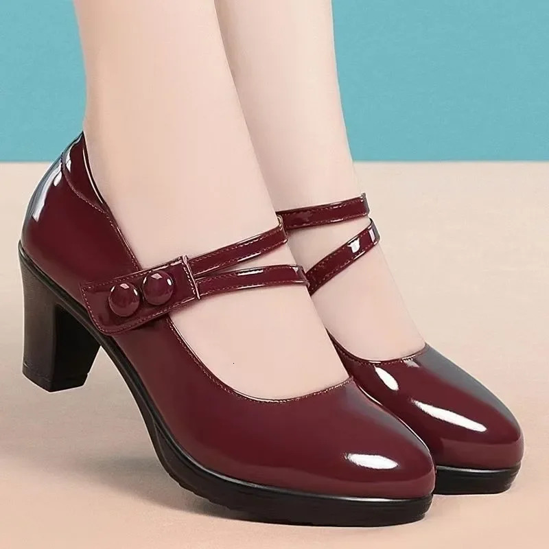 Fall 2025 Womens Low Cut Single Shoes High Heel Buckle Strap Thick Heel Qipao Show Mom Shoes round Toe Rubber Outsole PU Leathe 250614