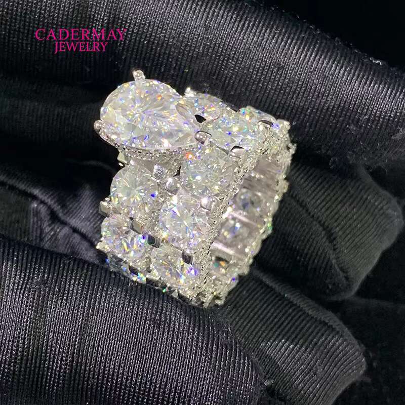 Luxury 5ct 925 Sterling Silver Moissanite Ring 6mm Eternity Band 9x13mm Pear Cut Moissanite Diamond Wedding Engagement Halo Ring