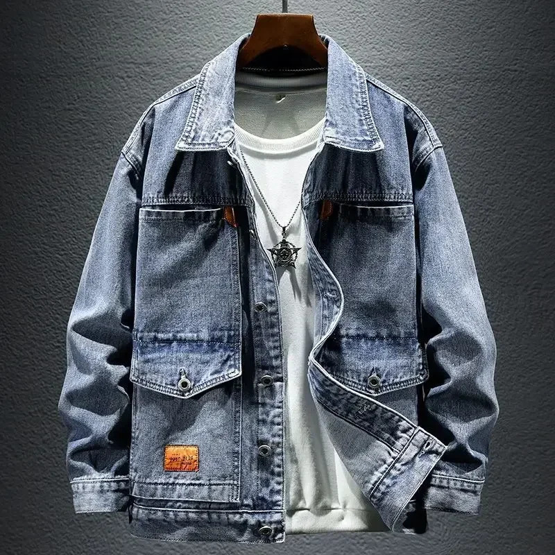 Autumn Cargo Denim Jackets for Men Gray Jeans Coat Button Blue Japanese Fabric Low Cost Original Clothing Outerwear Trendy 250614