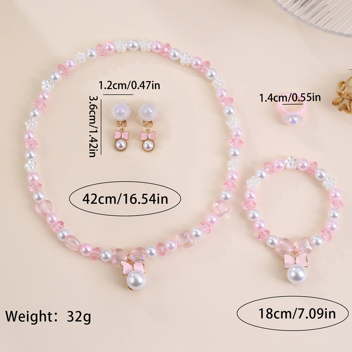 4Pcs Butterfly Ring Necklace Bracelet Earrings Little Girl Toddler Simulated Pearl Jewelry Set Little Princess Kids Play Gifts 250609