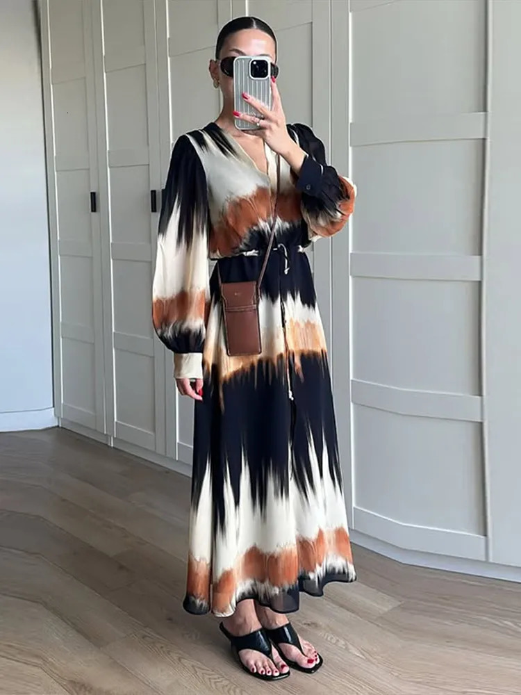 Women Print Full Sleeves V-neck Dresses Casual High Street Loose Thin Lace Up Split Maxi Vestido Summer Elegant Fashion Robe 250613