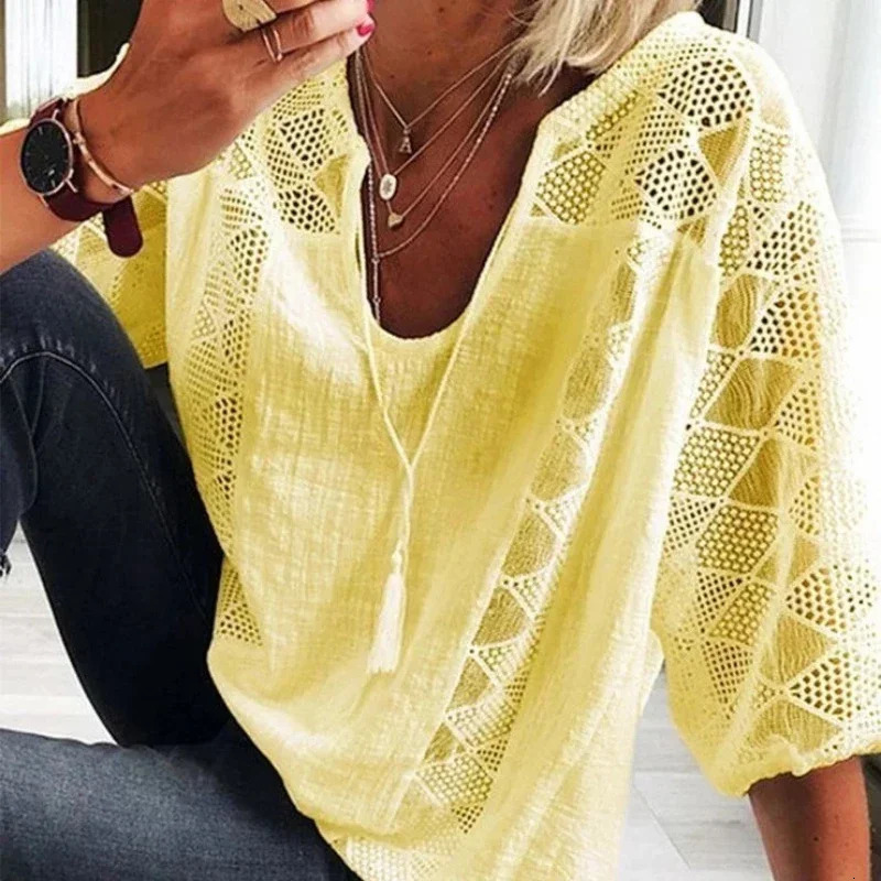 Elegant Summer Lace Stitching Blouse Women Vintage Uneck Tops Three Quarter Sleeve Cotton Shirt Casual Loose Clothes 24294 250614