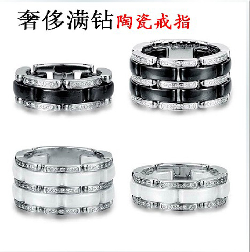 With Side Stones Jewelry single row black and white ceramic diamond inlaid foreign trade ring