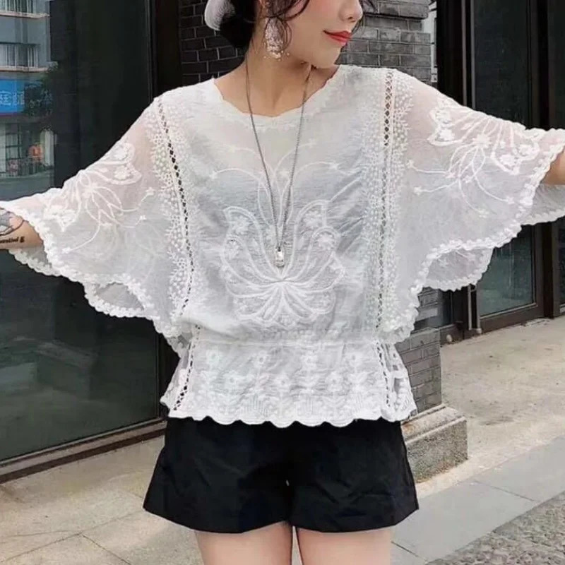 Fashion Elegant Blouse Women Chiffon Hollow Out Tops Spring Three Quarter Shirts Butterfly Flower Clothing 250614