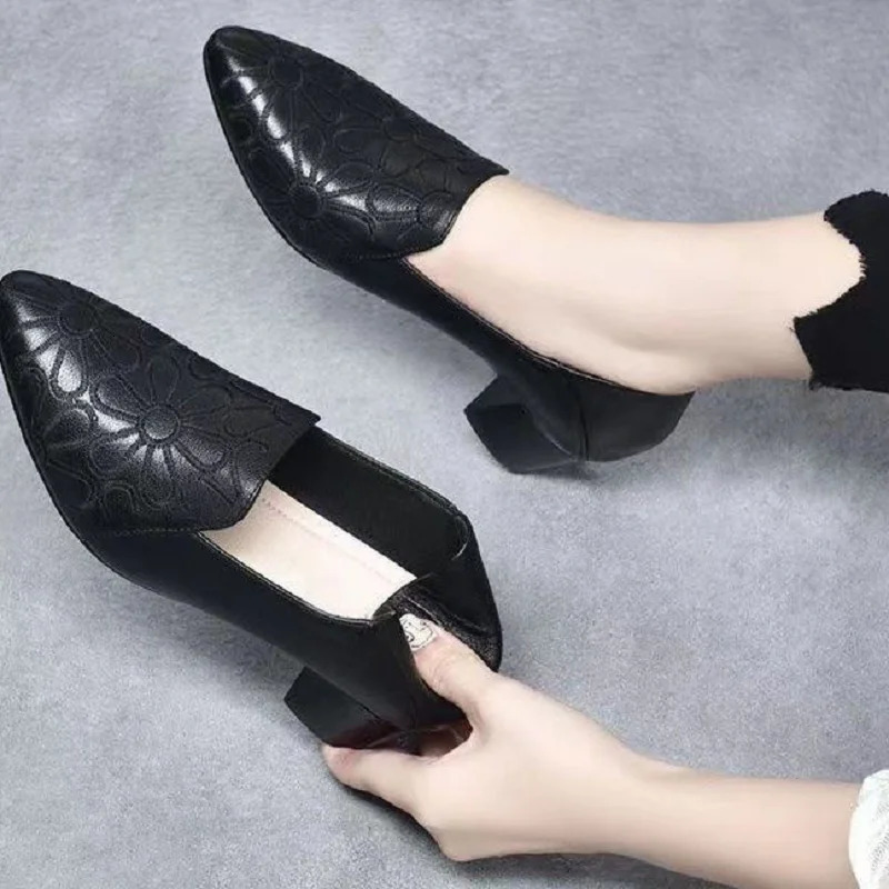 women cute black pointed toe patent leather floral slip on square heel shoes for office lady casual brown sexy party pumps a425 250614