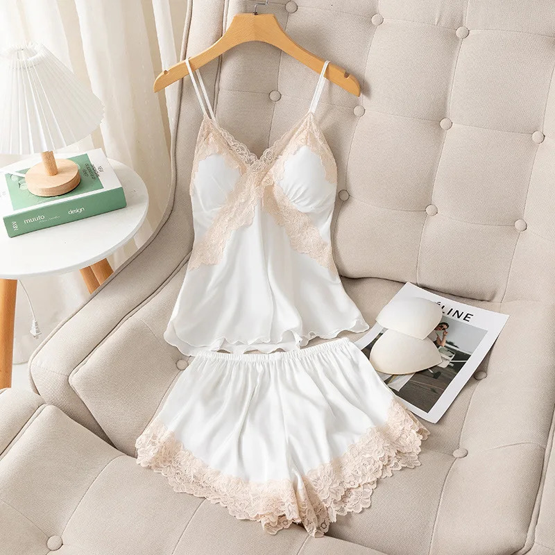 Daeyard Sexy Lace Lingerie Set for Women Silk Pajama Cami and Shorts 2 Pieces Pjs Nightwear Satin Sleepwear Home Clothing 250611