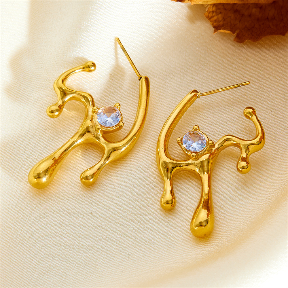 Unique Style Stainless Steel Gold-Plated Micro-Paved Zircon Irregular Geometric Lava Stud Earrings