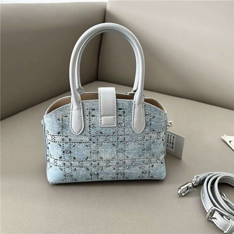 Rhinestone Embellished High-end Denim Lock Handbag for Women 2025 New Korean Fashion Single Shoulder Crossbody Bag