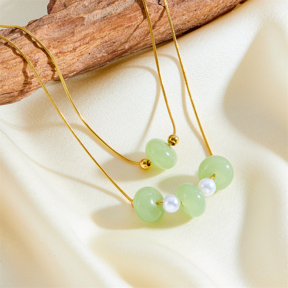 Light Fashion Simple Personality Versatile Pearl Jade Double Layer Stacked Necklace for Women Titanium Steel Non-Fading Jewelry