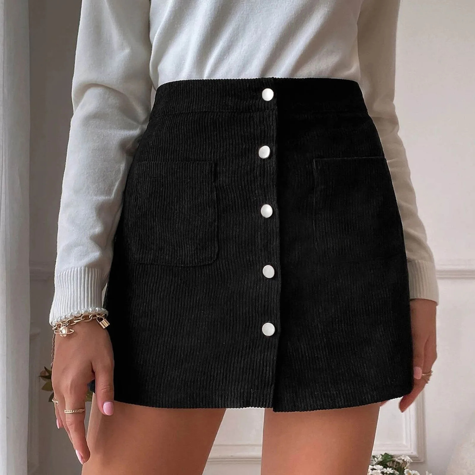 Sequined Skirts Short Skirt Solid High Waist Zipper Autumn Winter Corduroy Hip Wrap Ruched Ruffle Mini 250610A