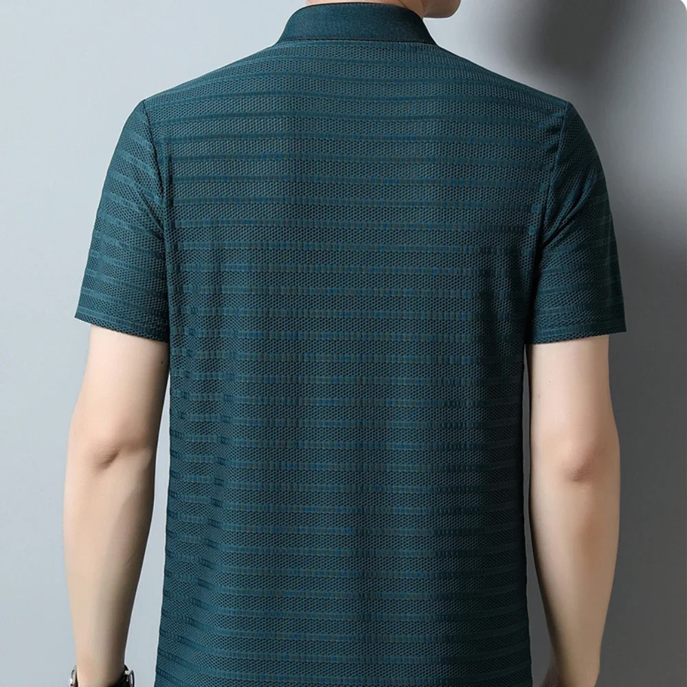 Summer High End Mesh Hollowed Out Ice Silk Short Sleeve T-shirt Mens Lapel Breathable Polo Shirt Men Clothing 250614