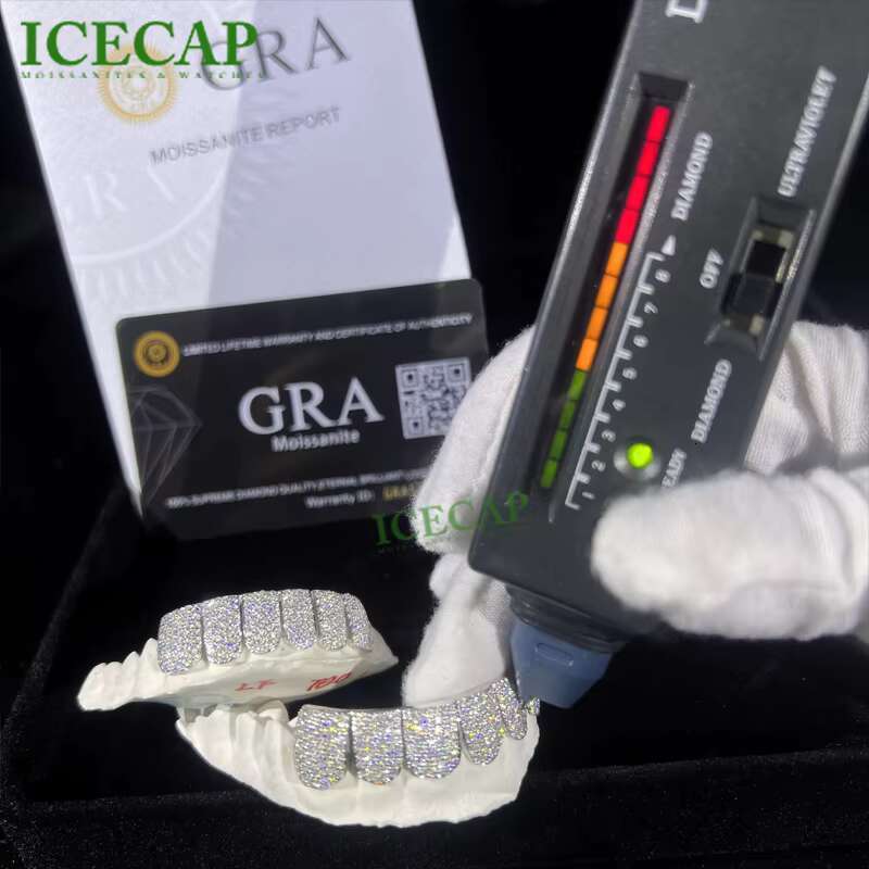 Custom 6on6 925 Sliver VVS Moissanite Diamond Grillz Iced Out White Gold Hip Hop Perm Cut Grillz Teeth Honeycomb Grillz for Men