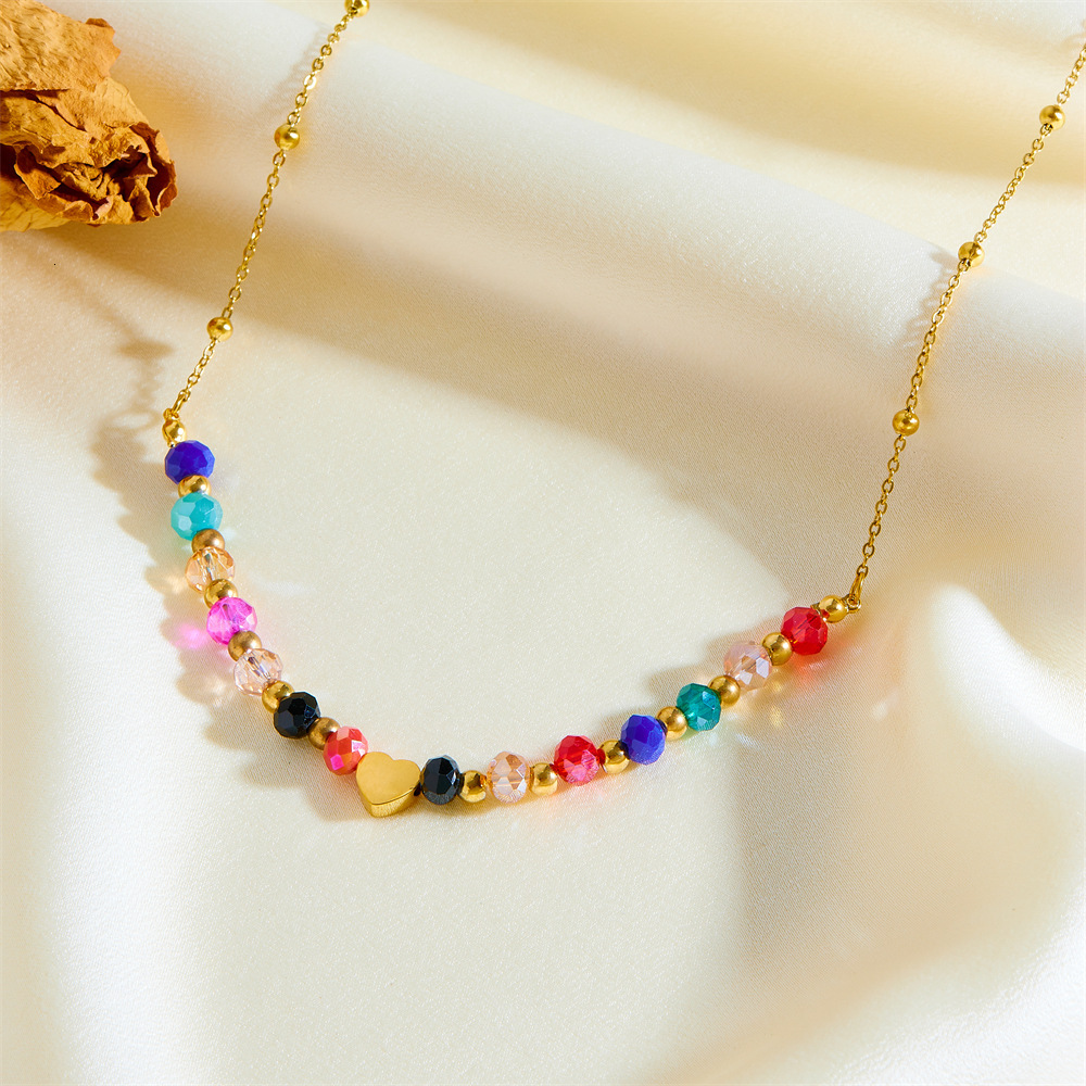 Fashion Light Personality Versatile Colorful Beaded Heart Necklace for Women Design Titanium Steel Non-Fading Jewelry