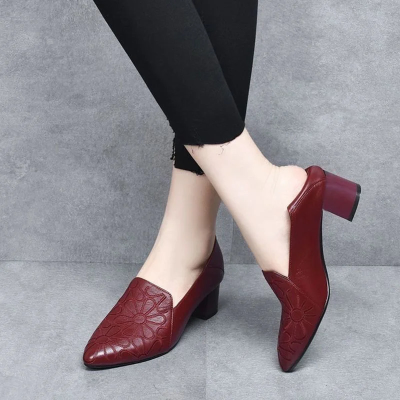 women cute black pointed toe patent leather floral slip on square heel shoes for office lady casual brown sexy party pumps a425 250614