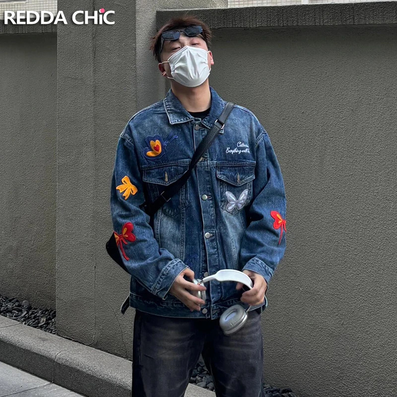 REDDACHIC Butterfly Patches Men Denim Jacket Wash Distressed Flap Pockets Long Sleeves Singlebreasted Coat Y2k Retro Outerwear 250614