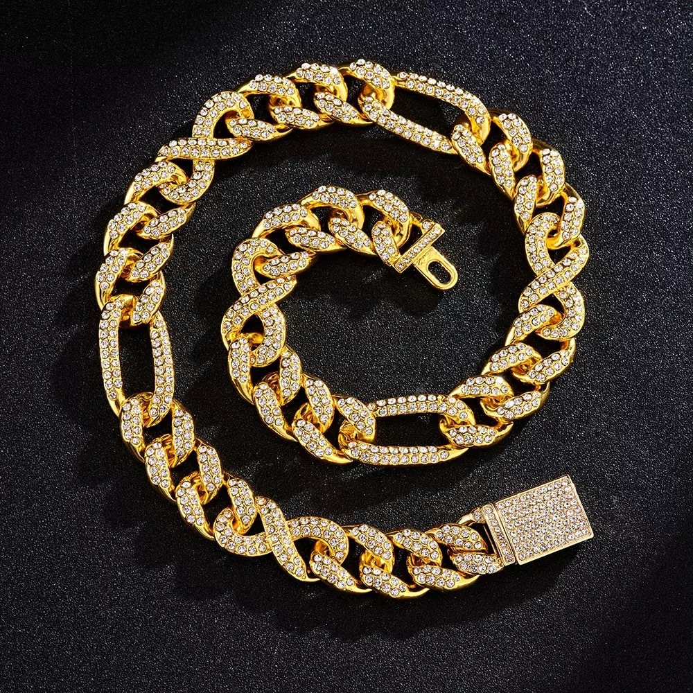 Mens Fashion Design Simple Gold Chain Bracelets Necklaces Popular Hip-Hop Cuban Chain with Crystal Diamond Fashion Fancy Style