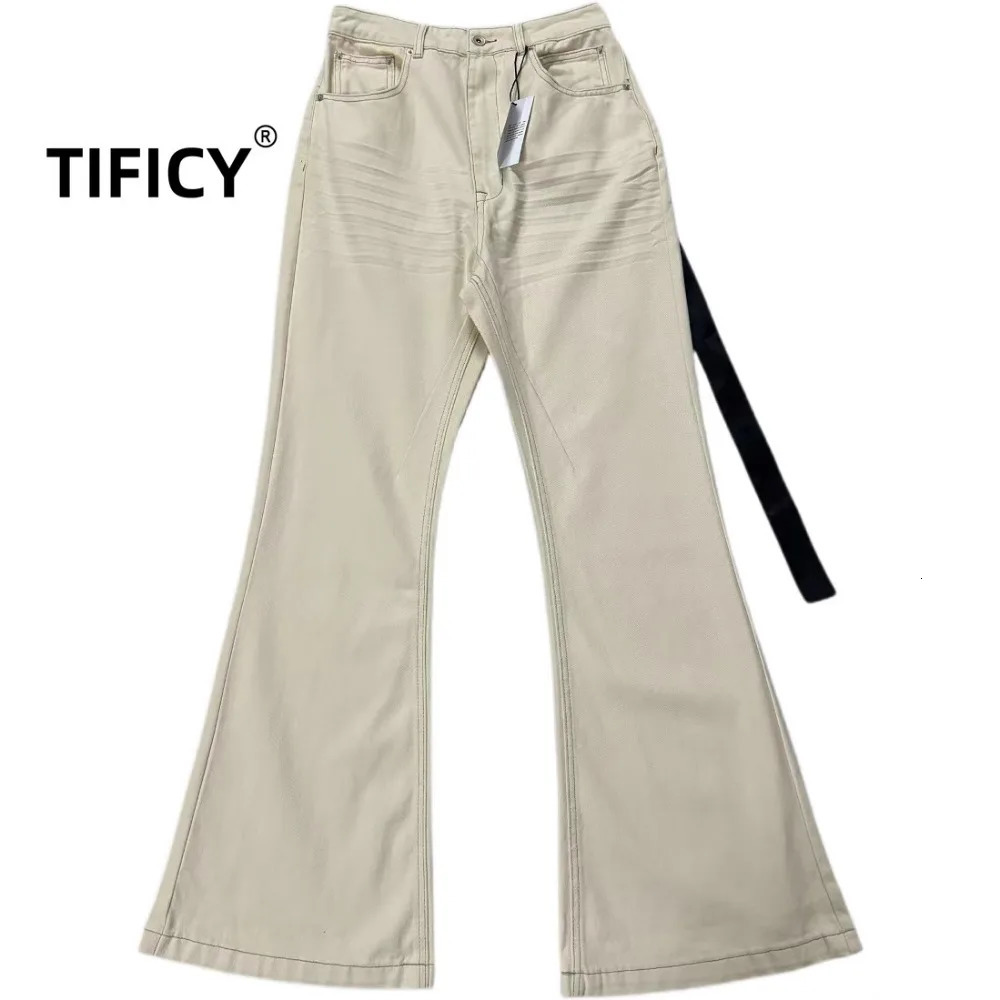 High Street Ro Style Dark Denim Pants Mens Elasticity Floor Mopping Beige Brushed Horn Jeans Slim and Wide Leg Pants 250614